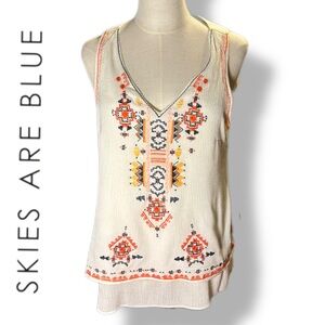 Skies Are Blue Embroidered Tank with Orange and Black Accents
